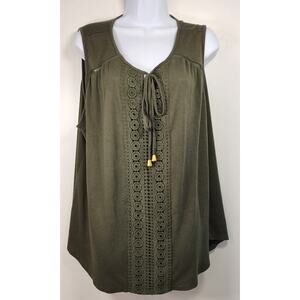 Indigo Rose Boho Lace Tie Neck Top 2X Olive Green Cottagecore